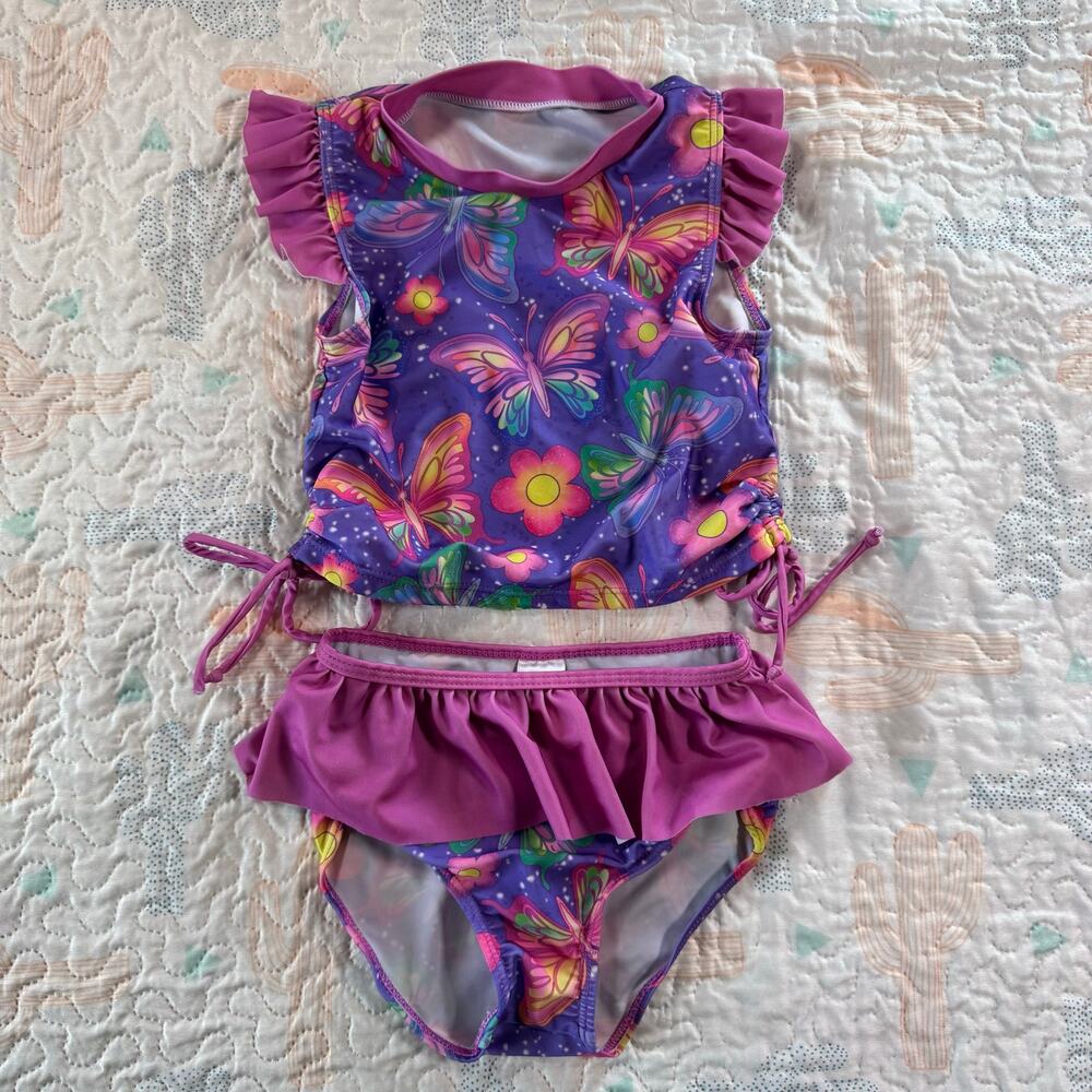 Girls 2 Piece Swimsuit Size 4Y Butterfly Tankini Ruffle Bottom